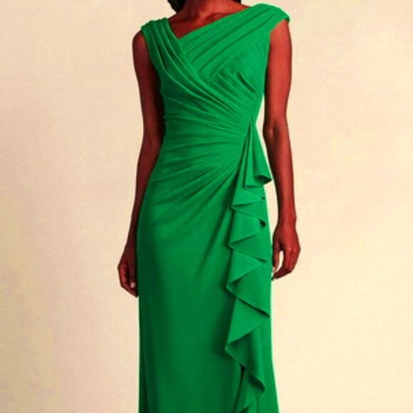 Tadashi Shoji Aloe Green Sleeveless Asymmetric Crepe Gown - Picture 1 of 4